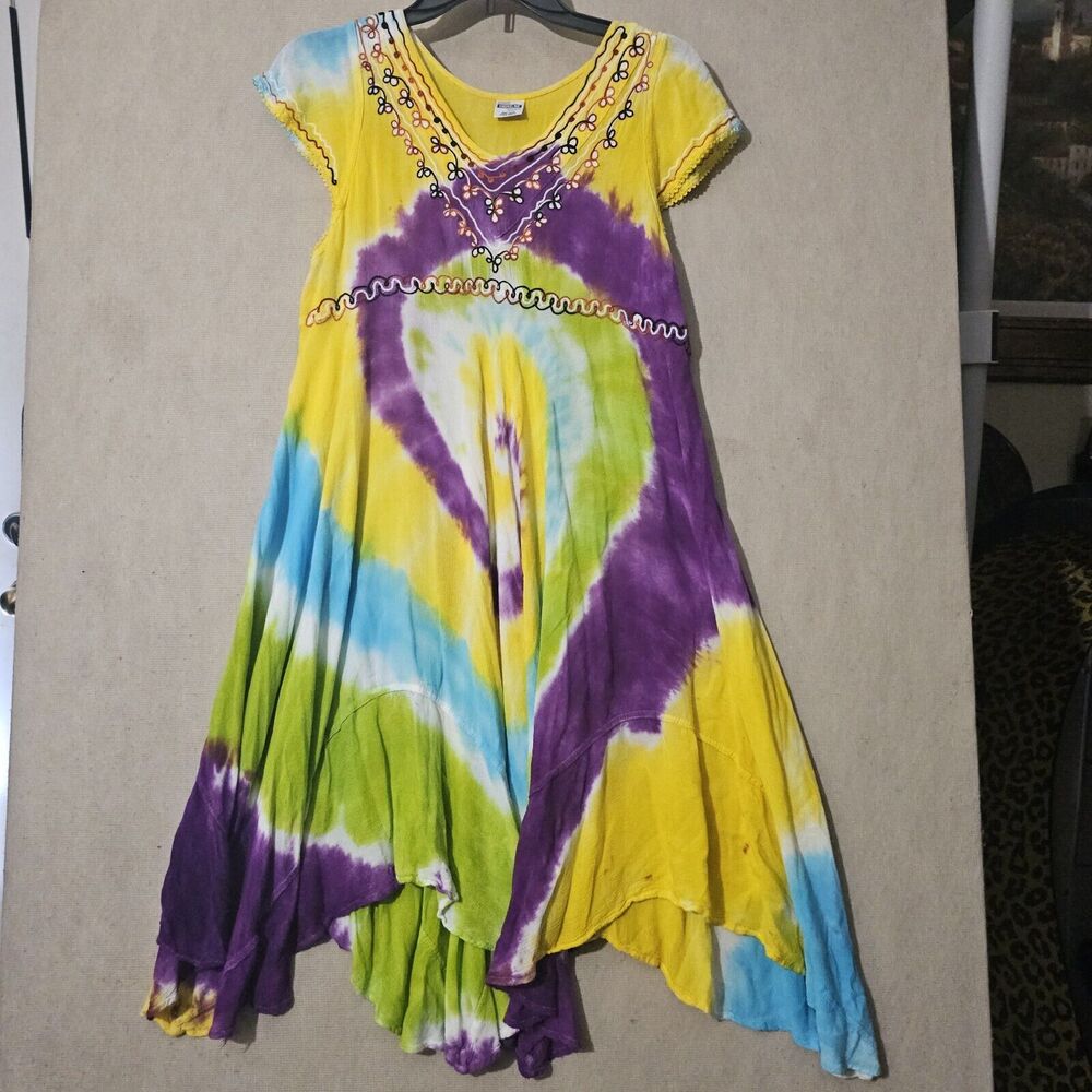 Y2K Shoreline Tie Dye Hippie Fairy Dress One Size Asymmetrical Hem Rasta Whimsy